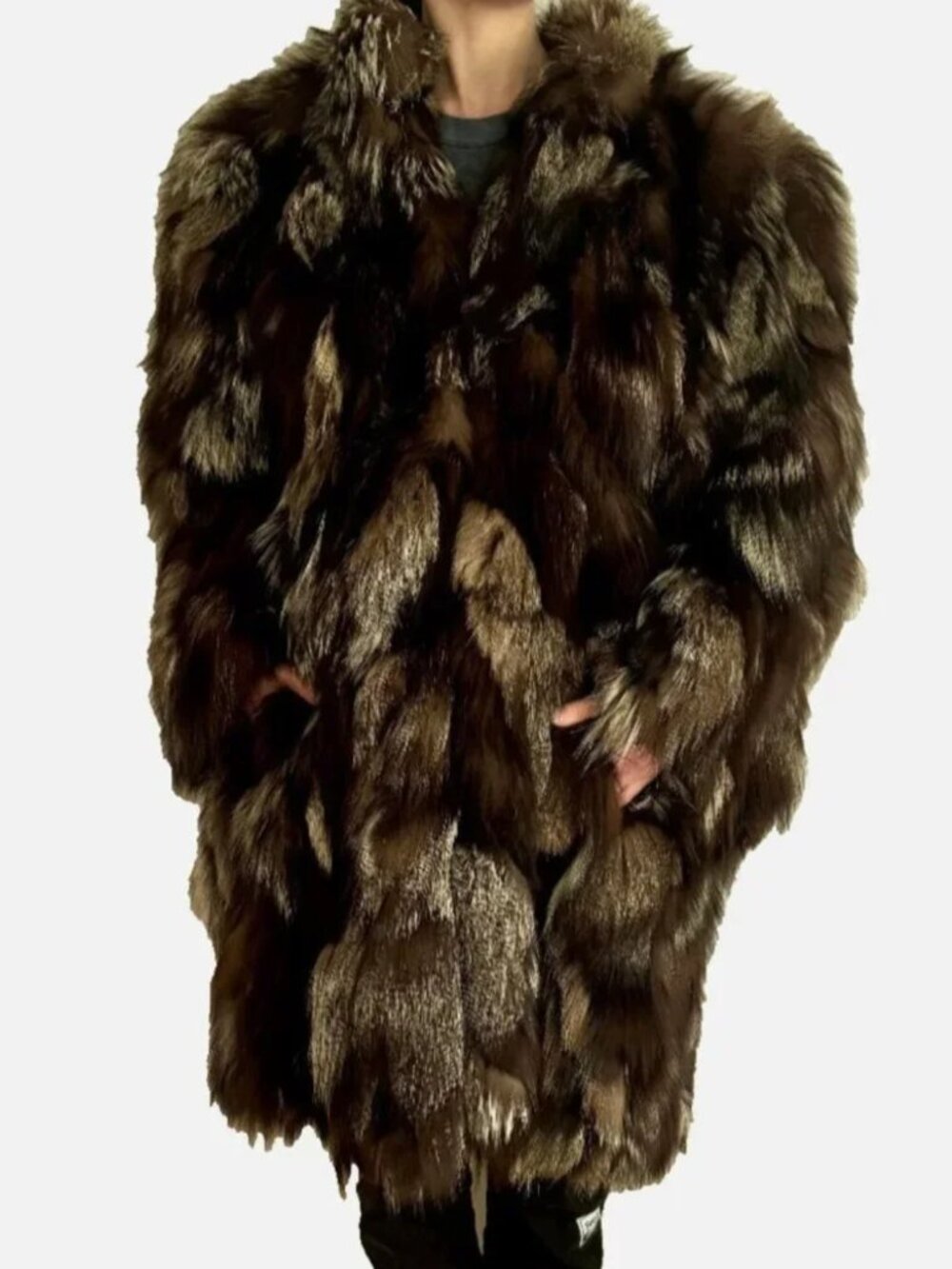 Real Fox Fur Patchwork Coat Vintage Luxury Pockets Oversize Big EUC